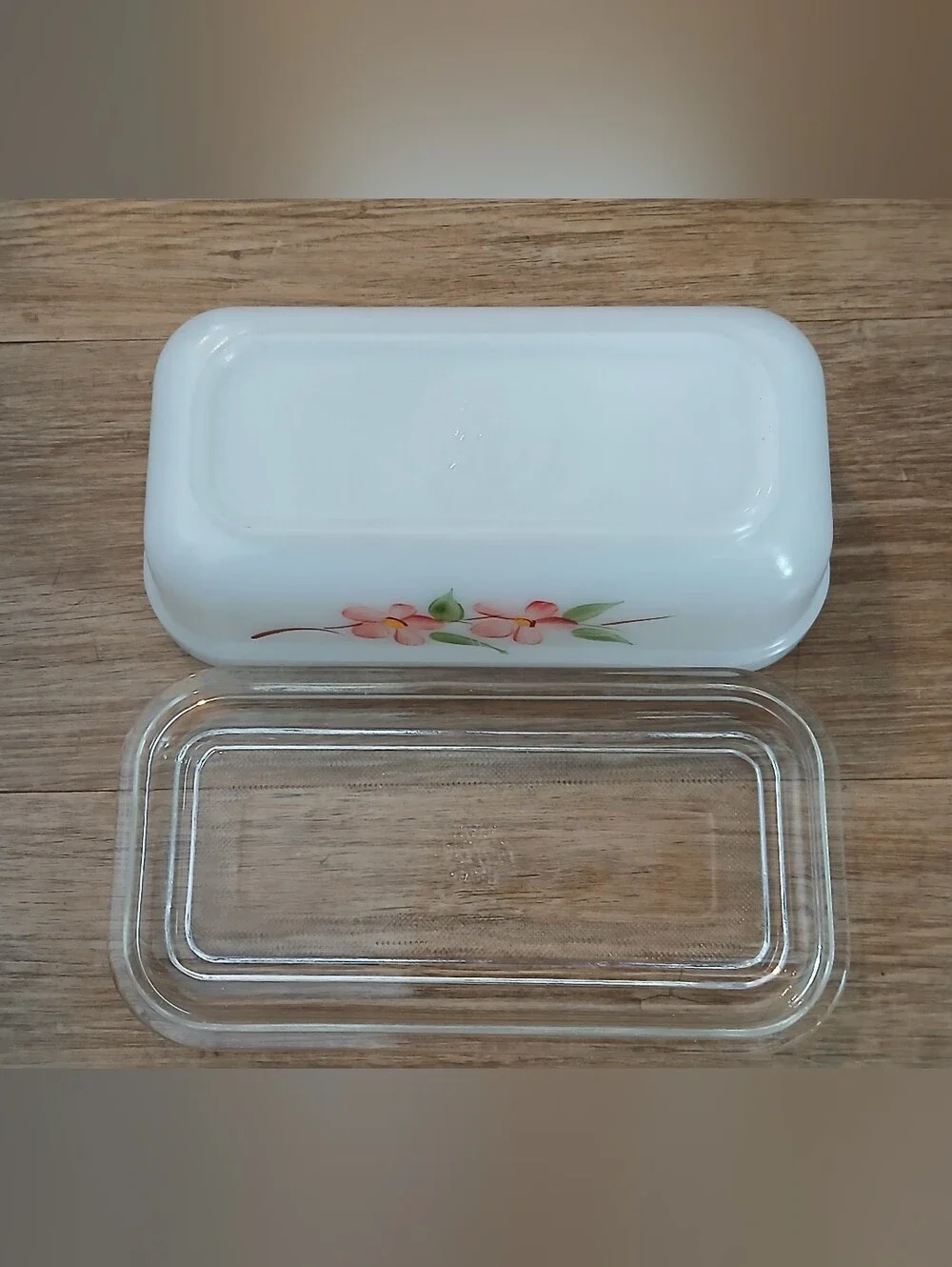 Glass Floral Baking Dish with Lid - Hand Painted Pink flowers & Green Leaves